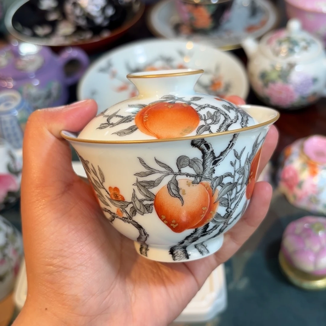 淋***?桃杯 矾红墨彩盖碗………………