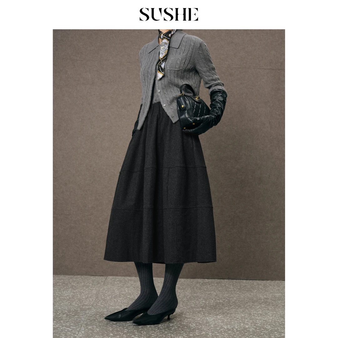 束皙SUSHE 变奏曲 赫本风 重磅羊毛结构感半身裙松紧腰大摆伞裙女