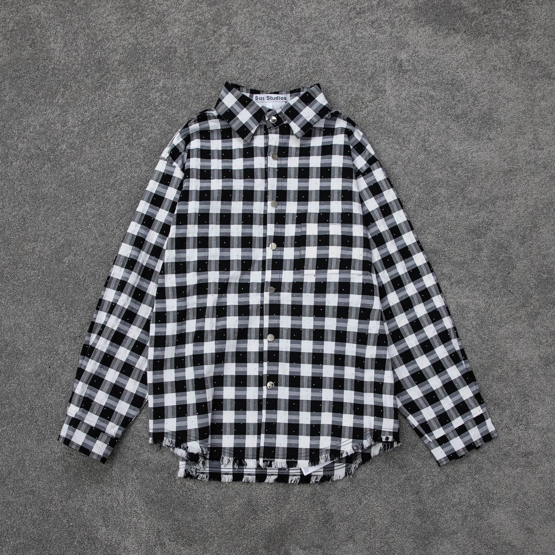S123【重工满天星】古着vintage阿美咔叽烫钻格子衬衫男女上衣3041