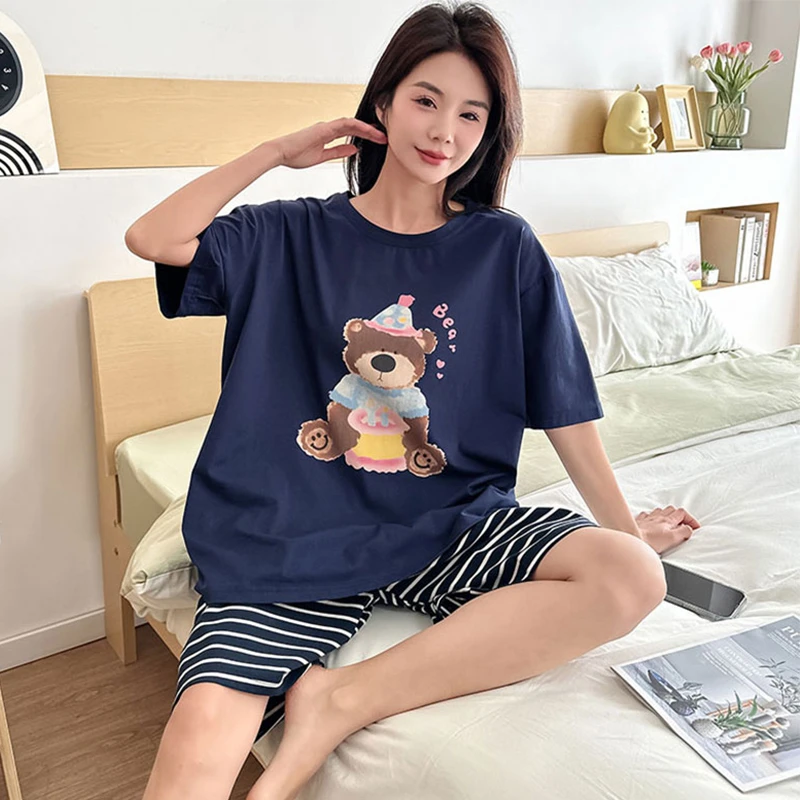 胖mm纯棉睡衣女夏季薄款大码200斤卡通条纹短袖短裤家居服可外穿