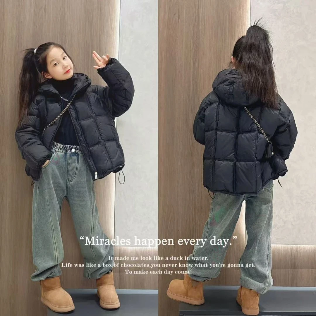 女童冬季休闲泡芙格连帽棉衣中大童洋气面包服儿童冬装棉服外套潮