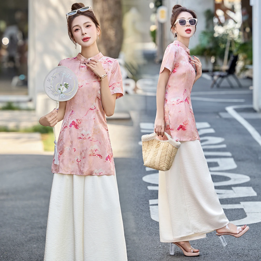 新中式国风印花套装女2025年夏季新款高级感复古盘扣阔腿裤两件套
