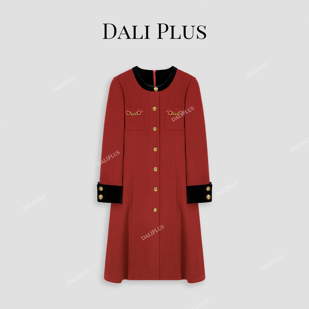 DALI PLUS法式香风气质撞色圆领系带收腰氛围感连衣裙-2240209