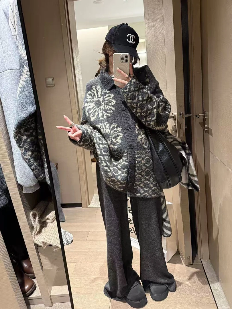 秋冬韩系穿搭费尔岛提花毛衣慵懒风厚实软糯针织开衫宽松外套女