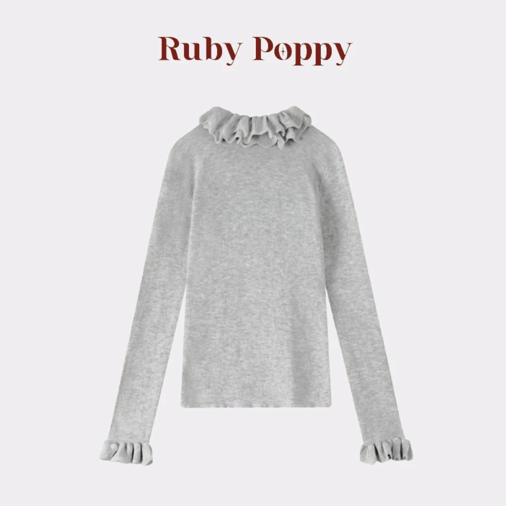 泡面卷儿【惬意】灰色半高领木耳边针织打底衫修身内搭上衣JJ11303