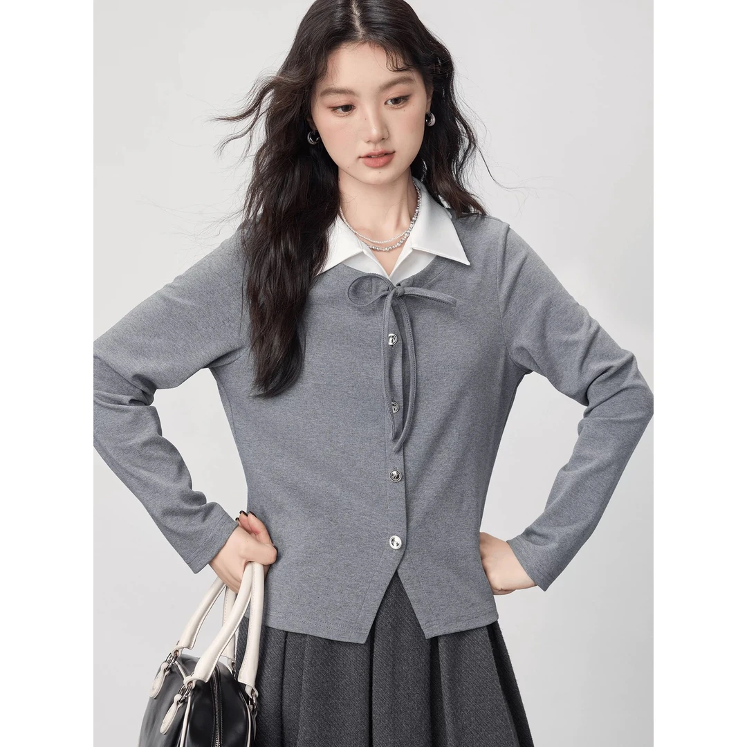 【琦琦】2025春季新款大码假两件衬衫系带设计感小众百搭显瘦上衣