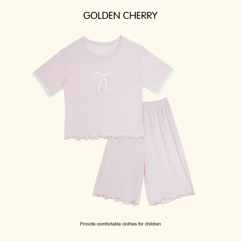Y【金樱桃Golden cherry】小童蝴蝶结木耳边短袖家居套装QDD528