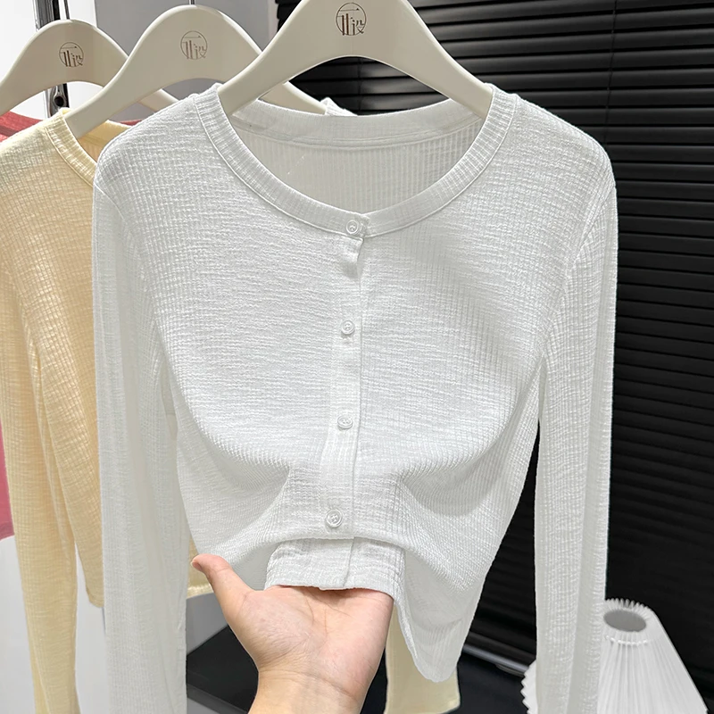 小香风设计感纽扣圆领开衫女搭连衣裙薄外套宽松白色罩衫披肩上衣