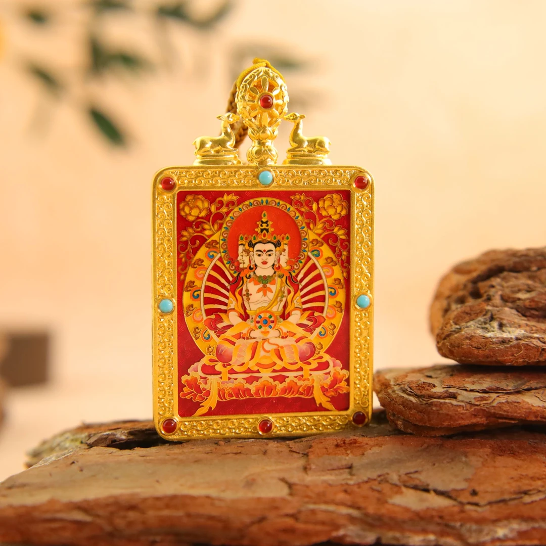 朝鸣黄金【大日如来】唐卡金轮双鹿古法金足金珐琅挂坠7229 1189