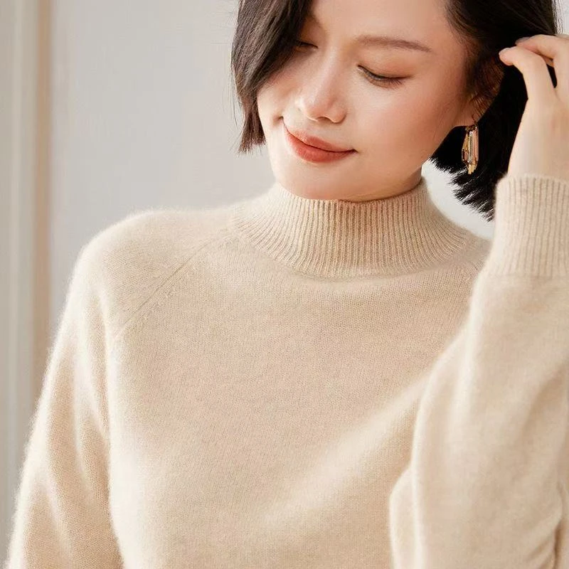 正品100%纯羊毛衫女半高领套头插肩袖毛衣宽松显瘦羊毛针织打底衫