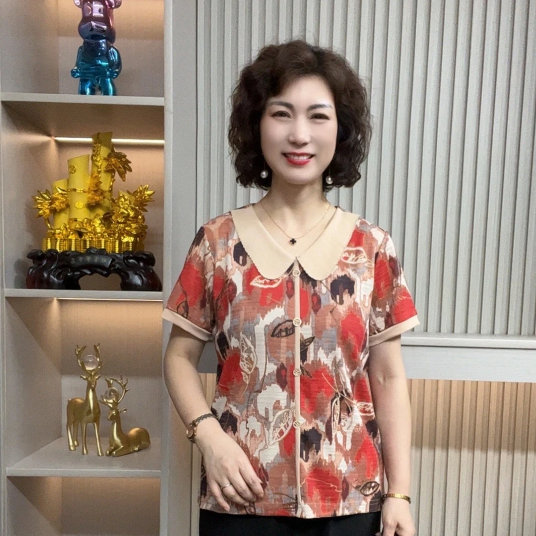 妈妈装流行欧若拉时尚潮牌女装宽松夏装女士独特漂亮小衫休闲短袖