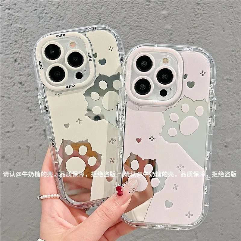 镜面可爱猫爪印适用苹果16手机壳新款华为小众vivo高级小米15OPPO