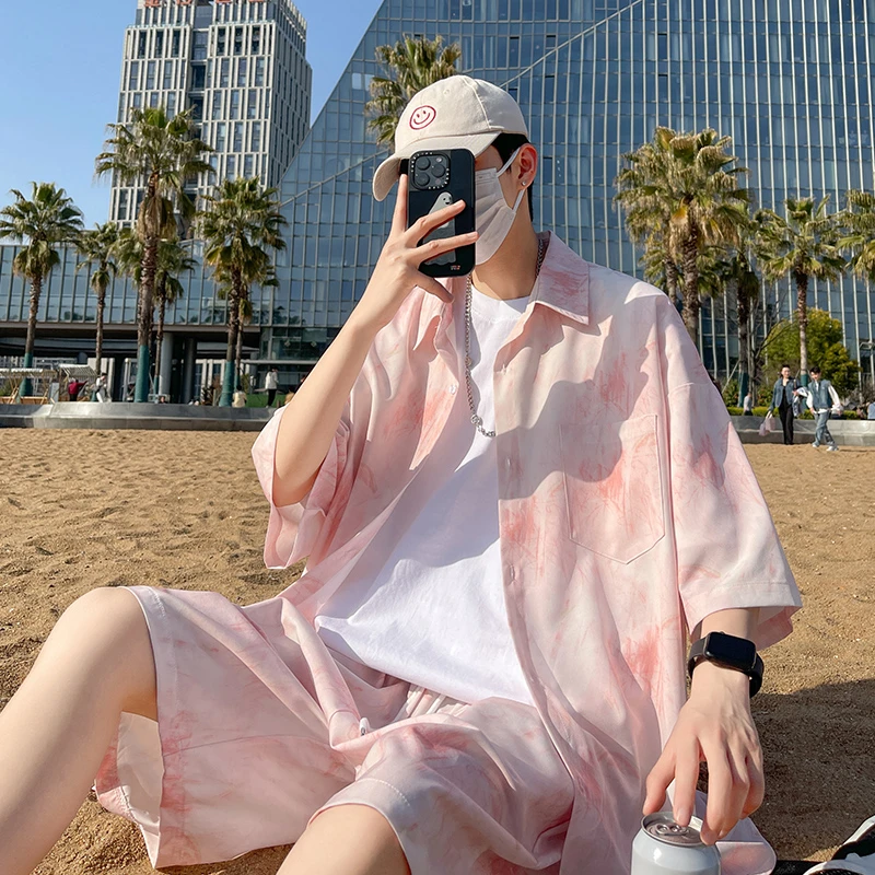 夏威夷海边冰丝粉色衬衫套装男女夏天薄款速干沙滩短裤休闲两件套