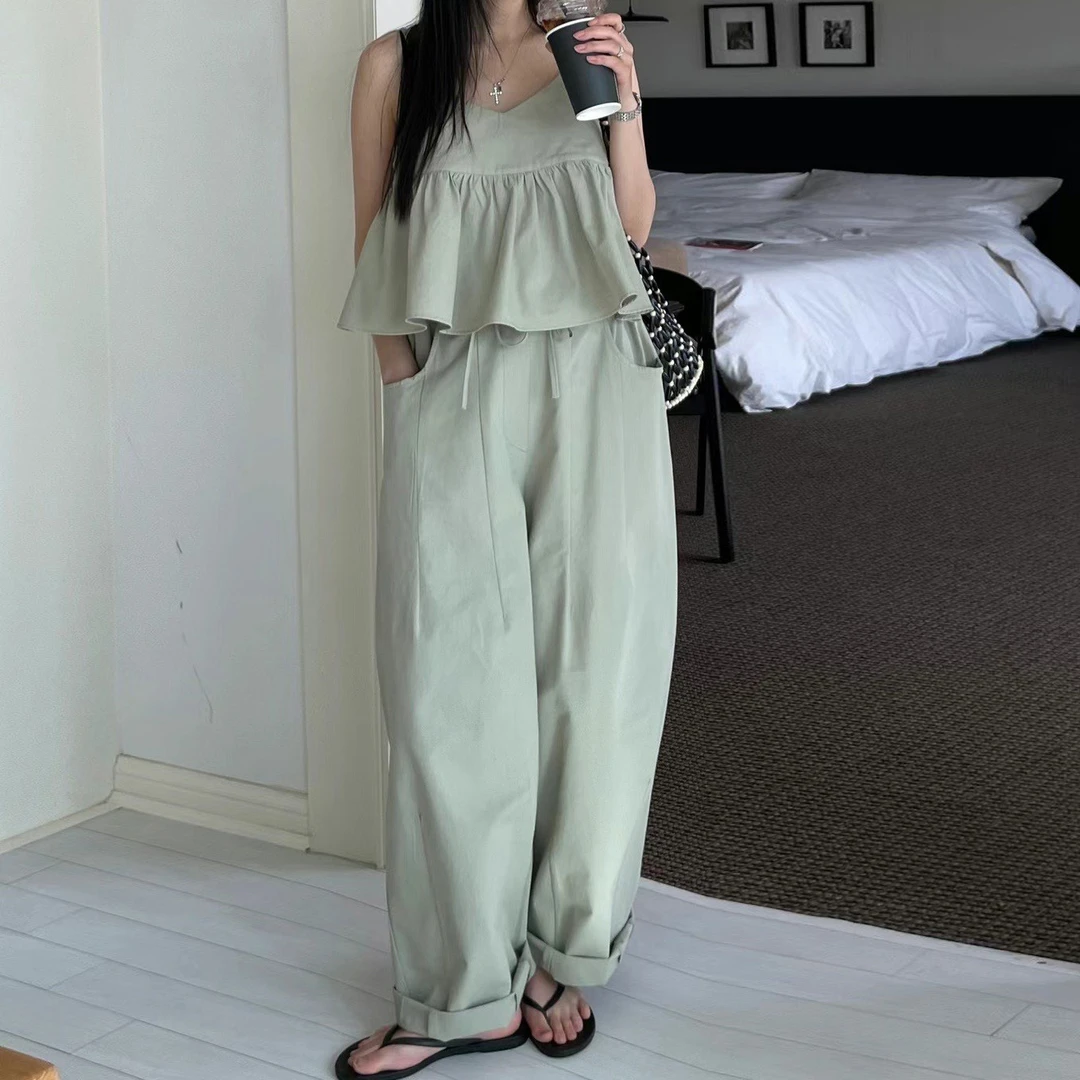 尺寸已更新 韩国INS气质 V领吊带上衣+阔腿休闲裤 套装女装新款