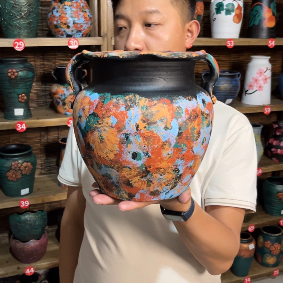 红陶浮雕花盆炸炸炸