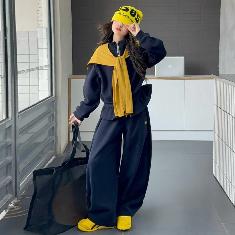 女童秋装套装2025新款女大童春秋季洋气拉链开衫卫衣弯刀裤两件套