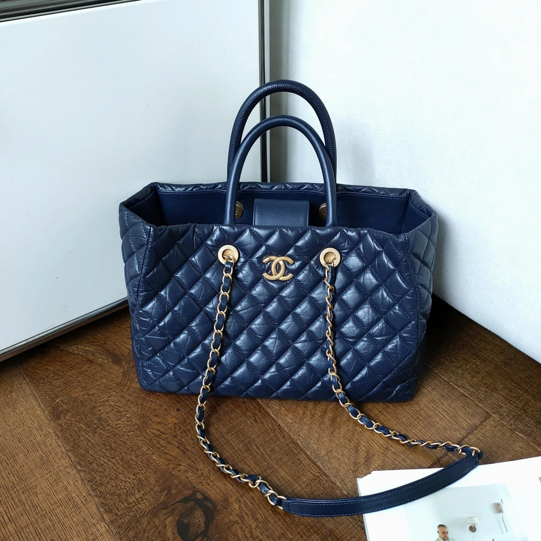 95新 Chanel/香奈儿 Azul-深蓝色牛皮金扣2Ways托特单肩包/49582