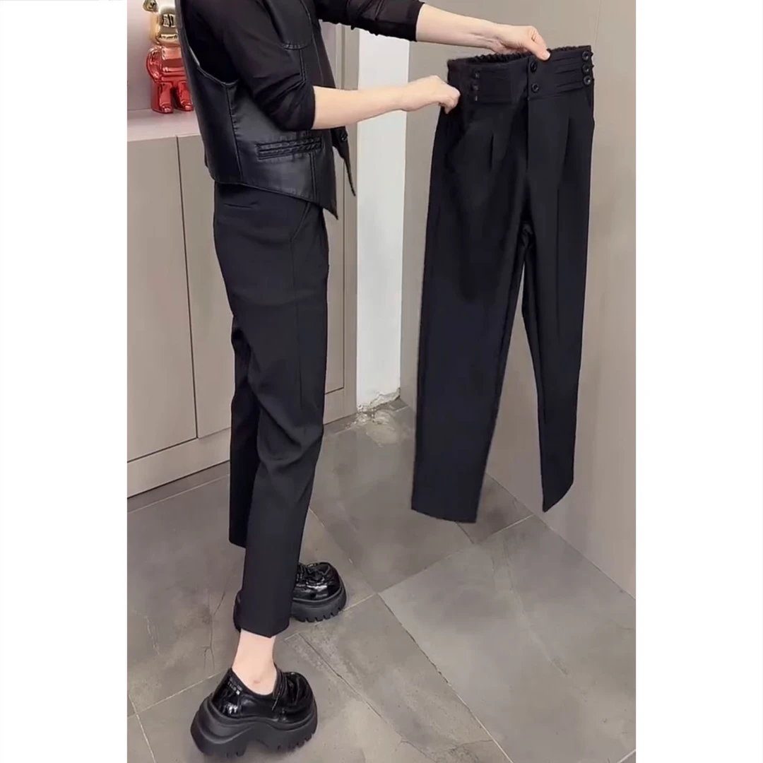 艾塔莉高腰弹力休闲裤早秋新款弹力纯色显瘦设计感百搭九分小脚裤