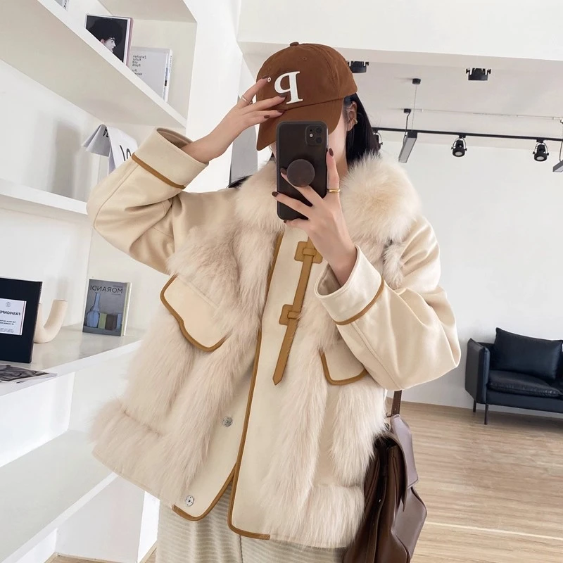 【纪朵研】8163时尚拼接麂皮外套女2025新款大毛领加棉派克服上衣