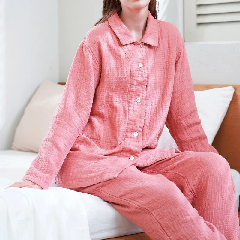UCHINO/内野棉花糖华夫格三重纱女款秋冬家居服纯棉套装睡衣长袖