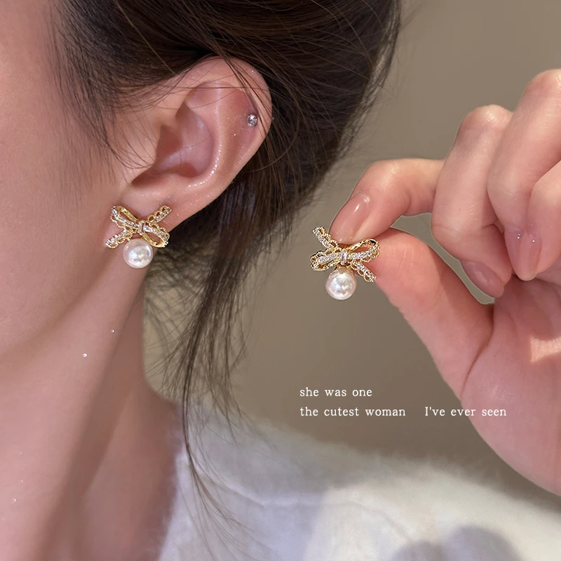 铜合金耳饰 韩系蕾丝蝴蝶结仿珍珠耳环女2025新款小众耳钉耳坠