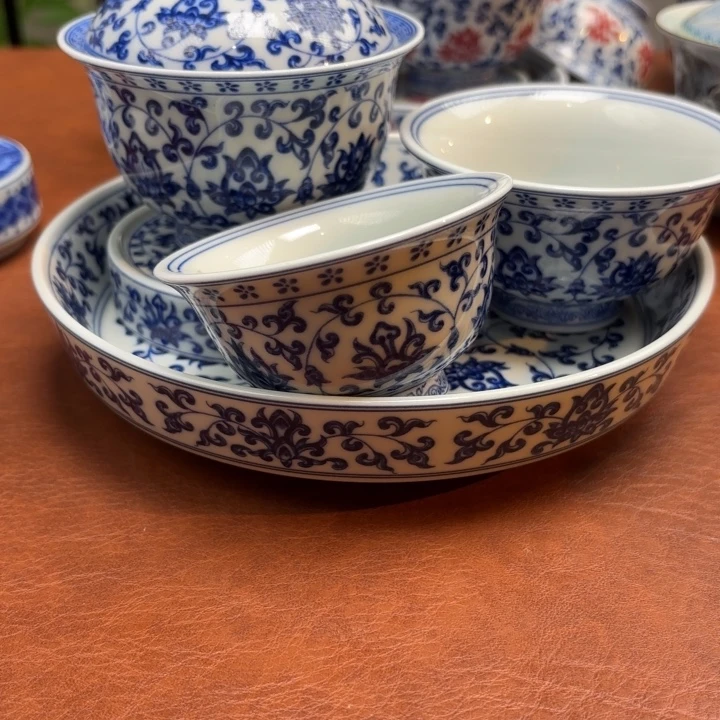 盖碗青花缠枝莲五件套景德镇发货