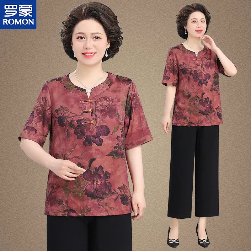 罗蒙妈妈套装国风盘扣上衣女夏季新款中老年人奶奶装夏装冰丝小衫