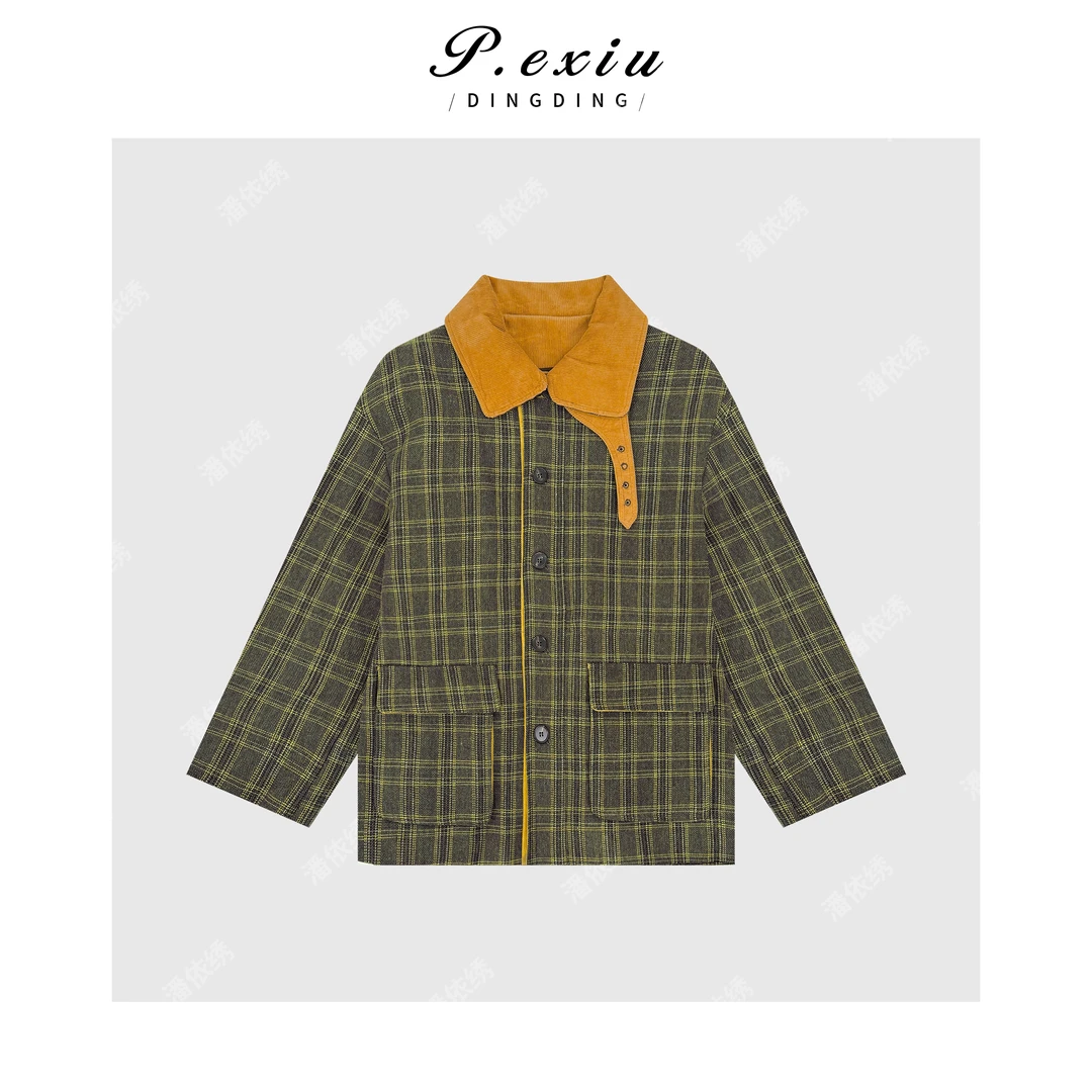 羊毛复古老钱风拼接撞色格纹收腰显瘦夹棉外套Q49698