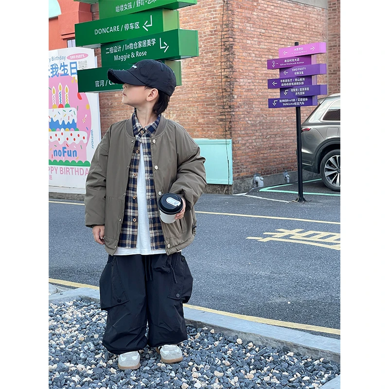qc【现货】冬装儿童日系休闲正反两面穿短款菱格加厚外套MPG0018