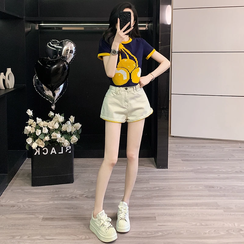 韩版小个子显瘦时尚套装女夏短袖T恤休闲百搭牛仔短裤减龄两件套