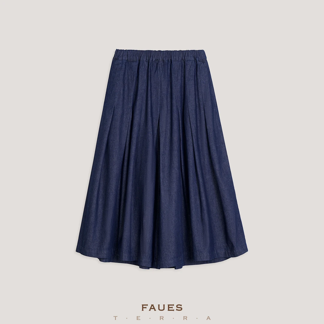FAUES 风吟裥  复古水洗褶裥抽绳橡筋腰牛仔裙裤