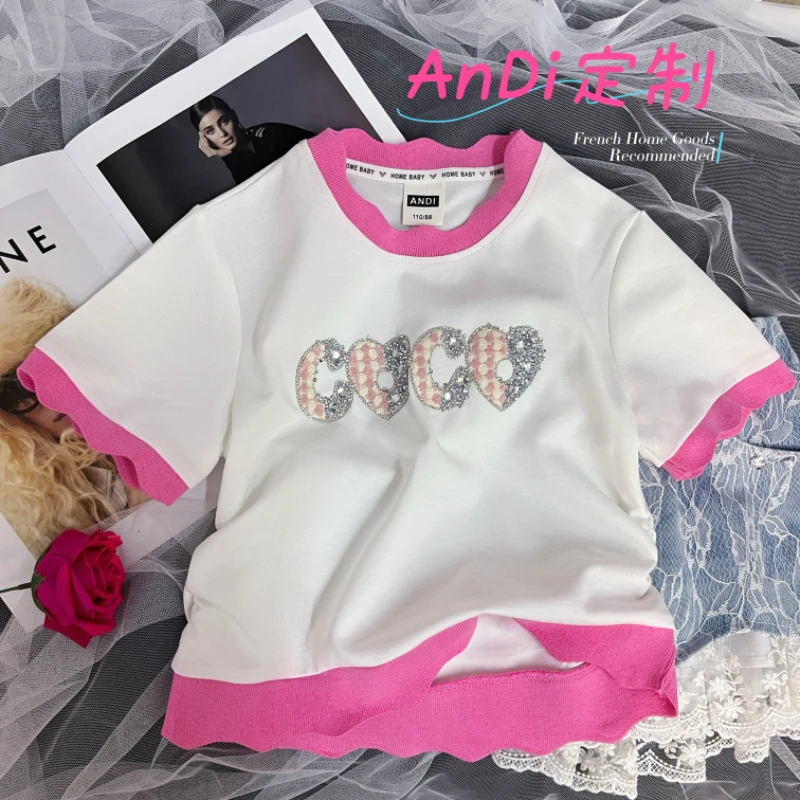 〖ANDI〗安迪订制夏季女童袖口领口下摆拼接字母时尚短袖3945