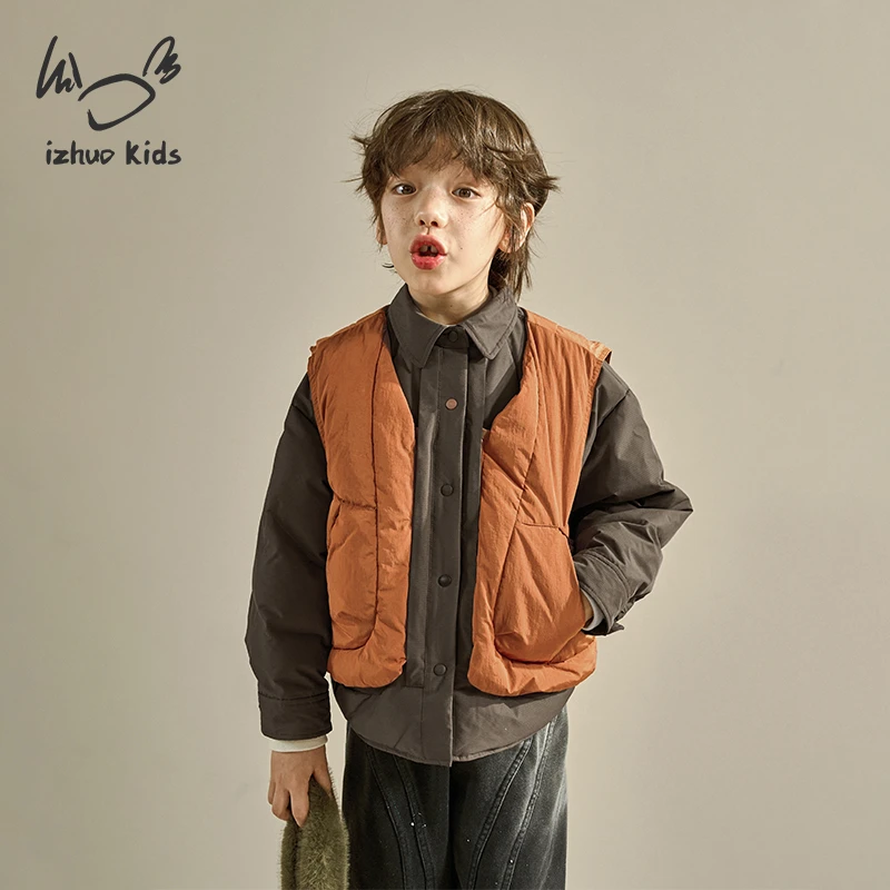 日着KIDS衬衫马甲两件套羽绒服2025冬季新美学童装男女童叠穿撞色