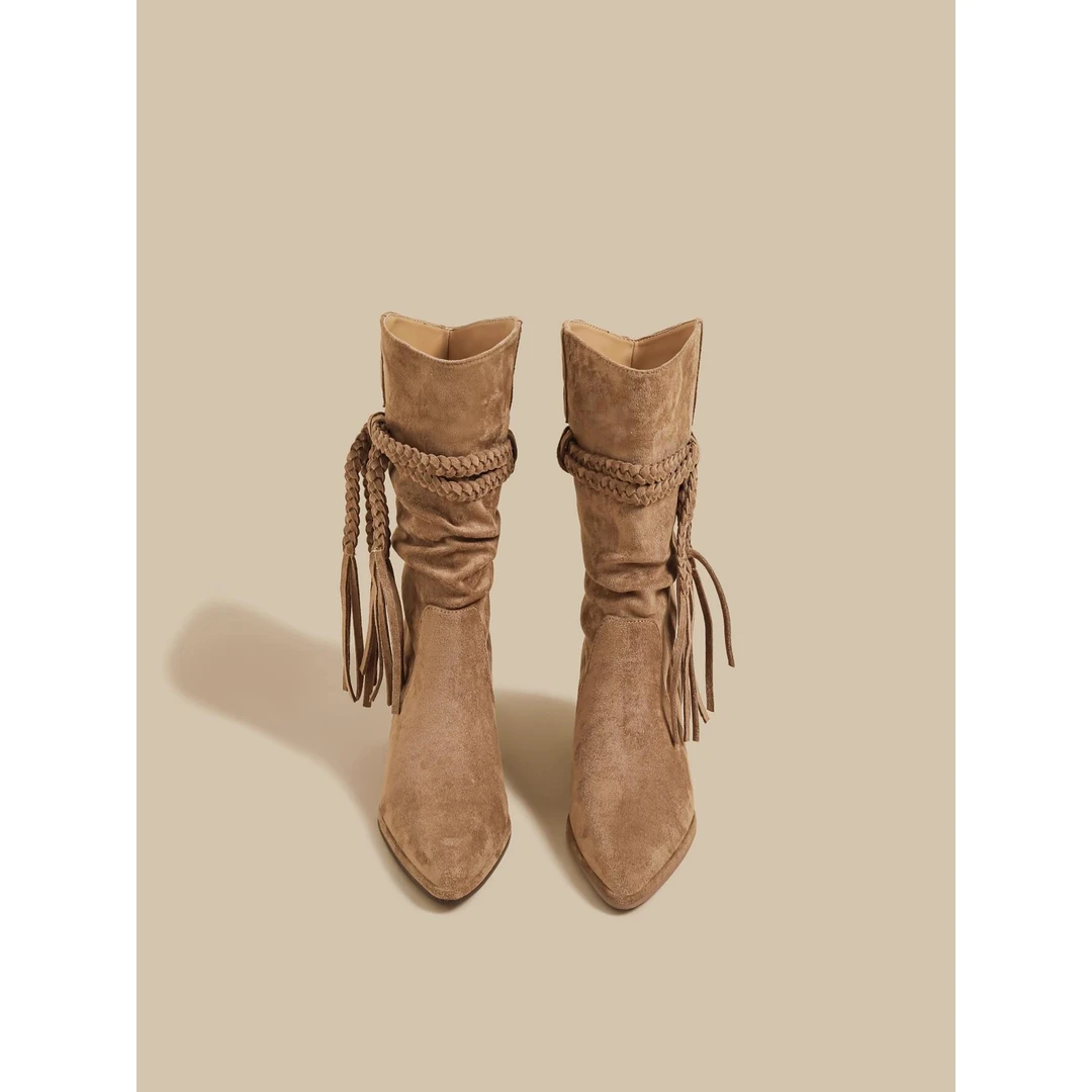 2025秋季新款棕色复古马丁靴女流苏绑带粗高跟中筒西部牛仔骑士靴