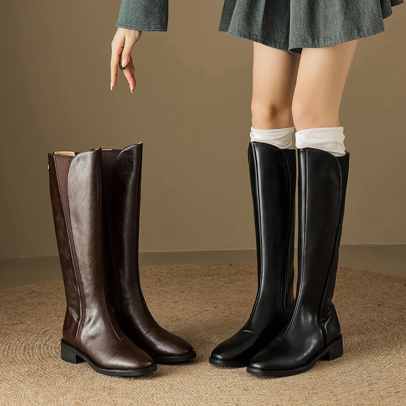 2025秋冬新款小个子不过膝高筒骑士靴粗跟百搭中跟后拉链时尚长靴
