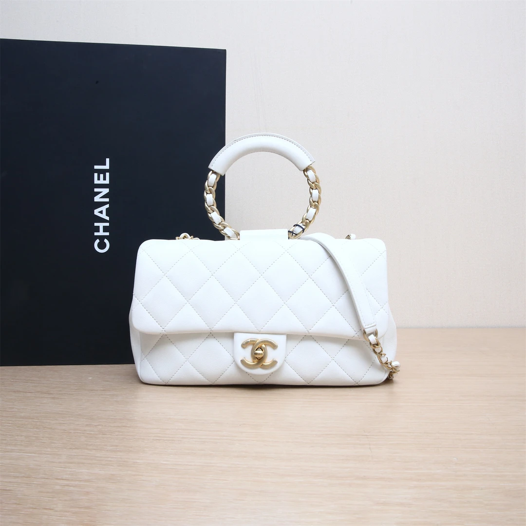 95新 Chanel/香奈儿 小花双双 20C 口盖包 白色 皮革C 29开