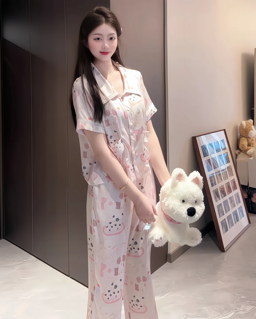 （甜甜）夏季可爱小狗狗印花休闲减龄显瘦睡衣女柔软透气套装可外穿