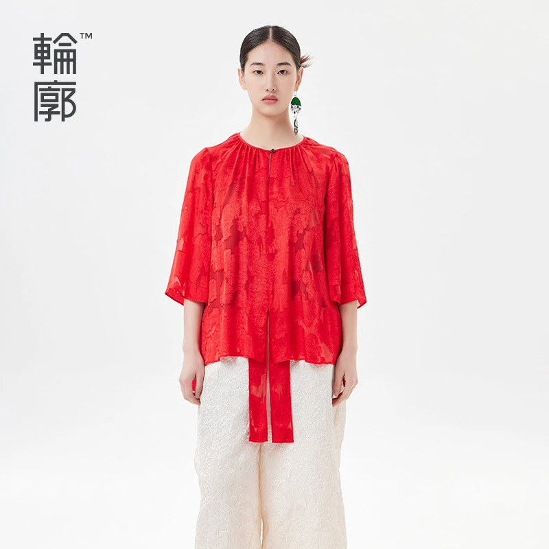 轮廓原创设计剪花提花衬衫通勤简约圆领复古民族风上衣L231Y012