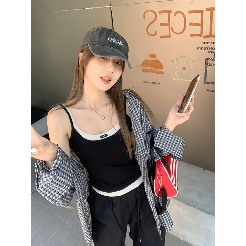 韩系假两件撞色拼接百搭修身小吊带2025春夏季海边穿搭设计感背心