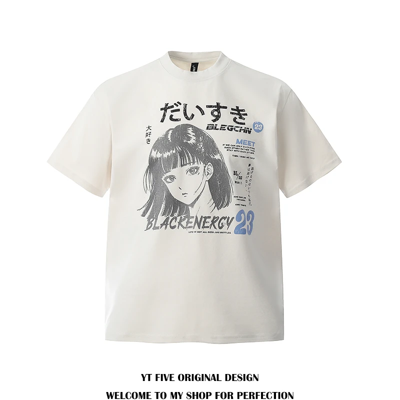 YTFIVE 潮牌美式复古手绘二次元人物印花重磅短袖T恤男女宽松半袖