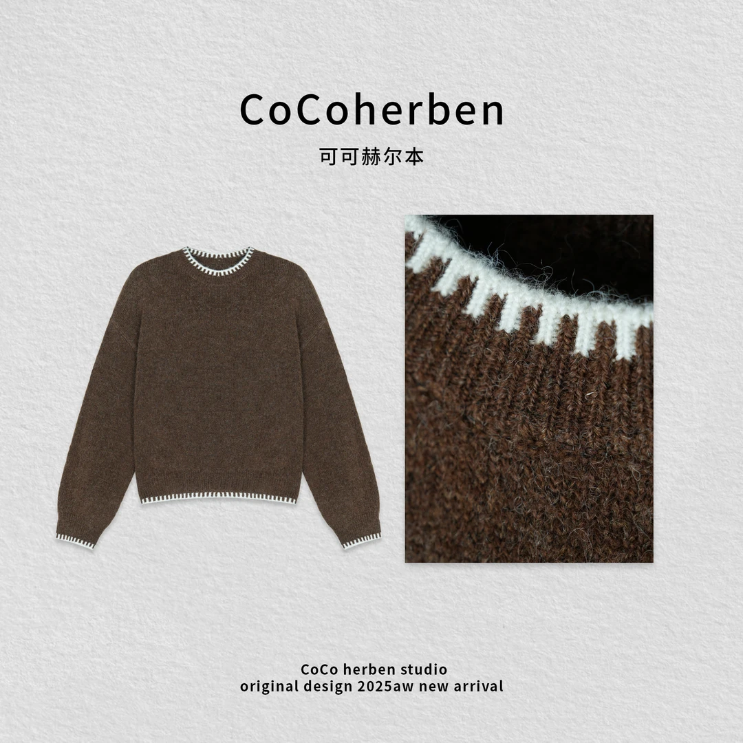 圆领纯色冬季套头款长袖毛针织衫复古针织衫提花休闲HB750