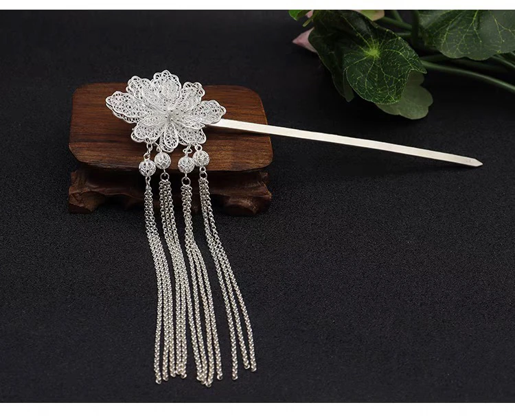 足银银制品 【双面花流苏发簪】足银990手工花丝发簪簪子纯手工