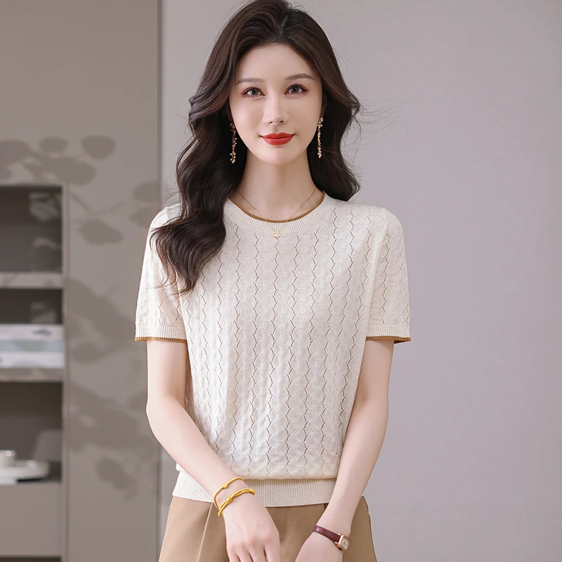 清凉夏季新款女士圆领时尚百搭洋气宽松显瘦款薄款半袖纯色上衣女