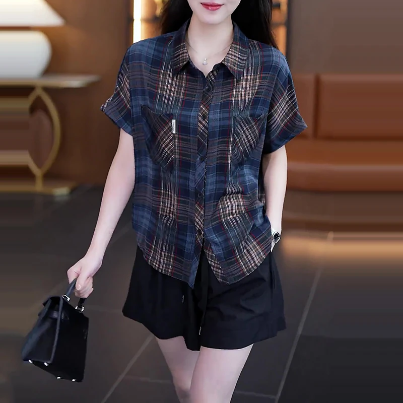 衬衫女2025夏季新款爆款洋气女士上档次夏格子百搭凉爽短袖衬衣