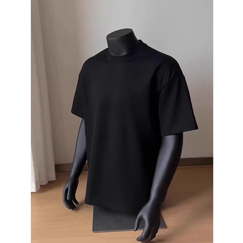 纯棉百搭黑色t恤男春夏季cleanfit圆领短袖上衣小领口内搭打底衫