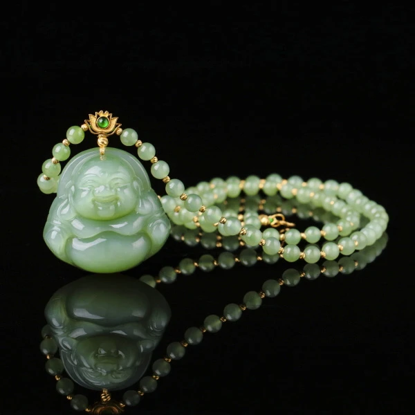 【泓贝珠宝-M561】18k金配饰和田玉碧玉猫眼佛公项链NGTC国检证书