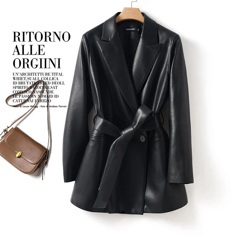 海宁真皮2025春秋新款宽松皮衣女显瘦遮臀西装夹克通勤外套中长款