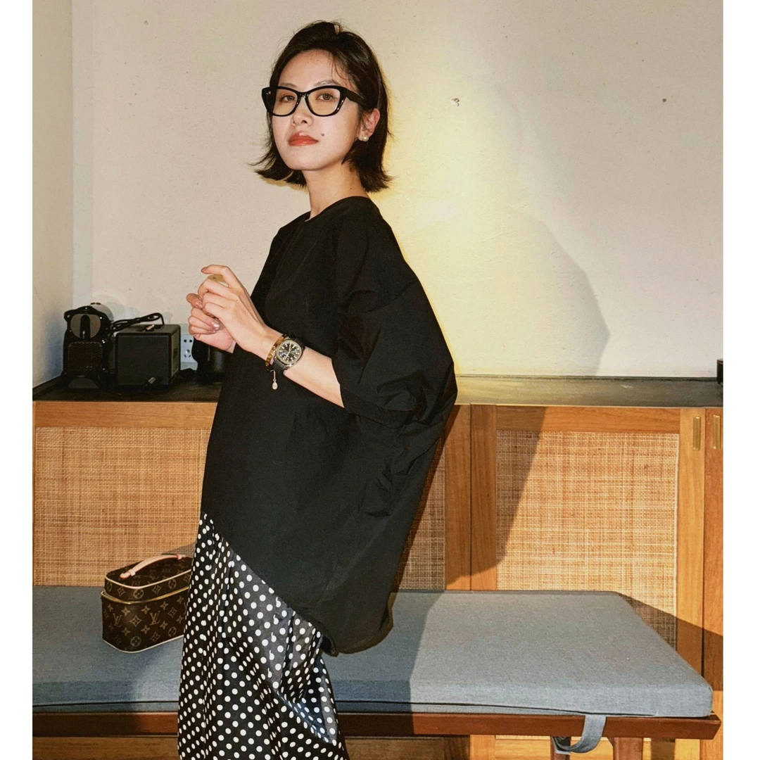 DE Mincollection束口袖衬衫/日系灯笼袖拼接不规则黑衬衫40087