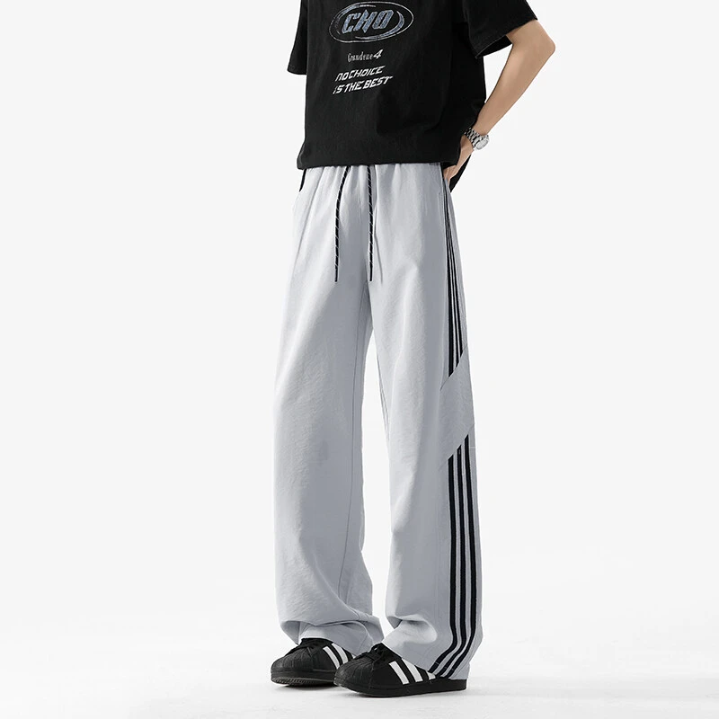 美式织带条纹休闲裤男夏季薄款潮牌运动裤宽松直筒垂感阔腿长裤子