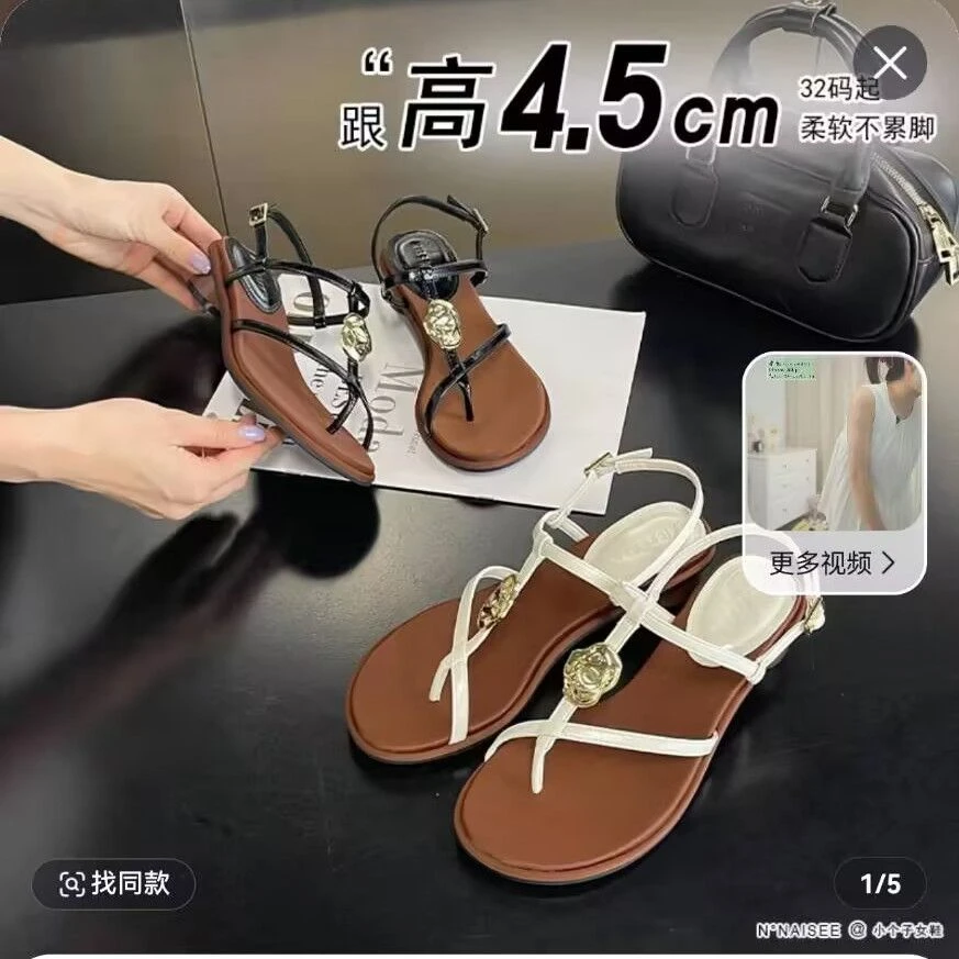 小个子版32码起浅口镂空露趾夏季纯色时尚凉鞋鞋平底方头粗跟凉拖